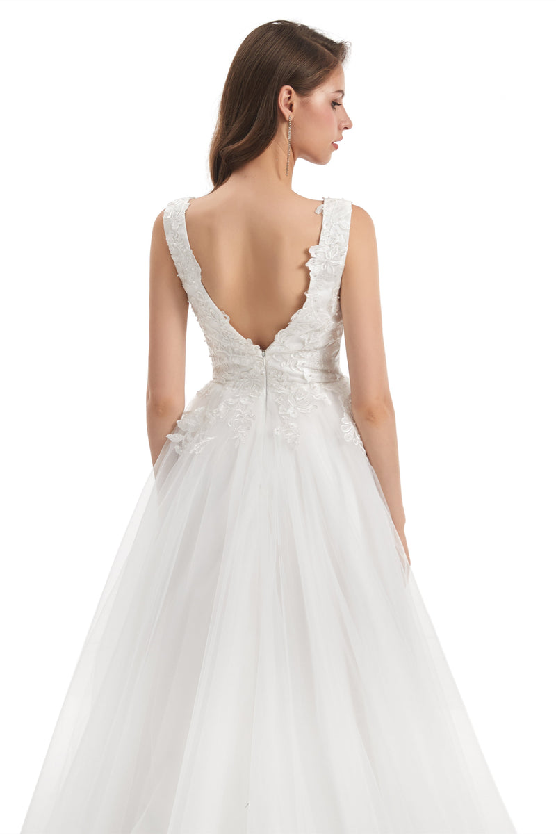 Mermaid V-neck Floor-length Sleeveless Backless Appliques Lace Wedding Dress-stylesnuggle