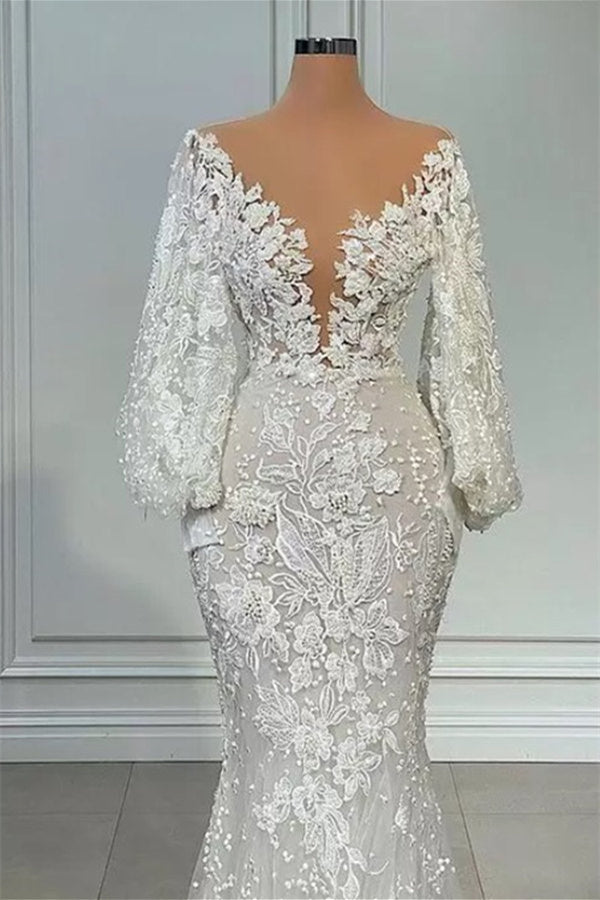 Mermaid V-neck Lace Floor-length Long Sleeve Applique Beaded Wedding Dress-stylesnuggle