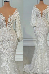 Mermaid V-neck Lace Floor-length Long Sleeve Applique Beaded Wedding Dress-stylesnuggle