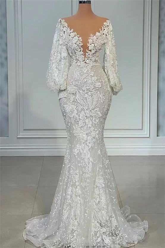 Mermaid V-neck Lace Floor-length Long Sleeve Applique Beaded Wedding Dress-stylesnuggle