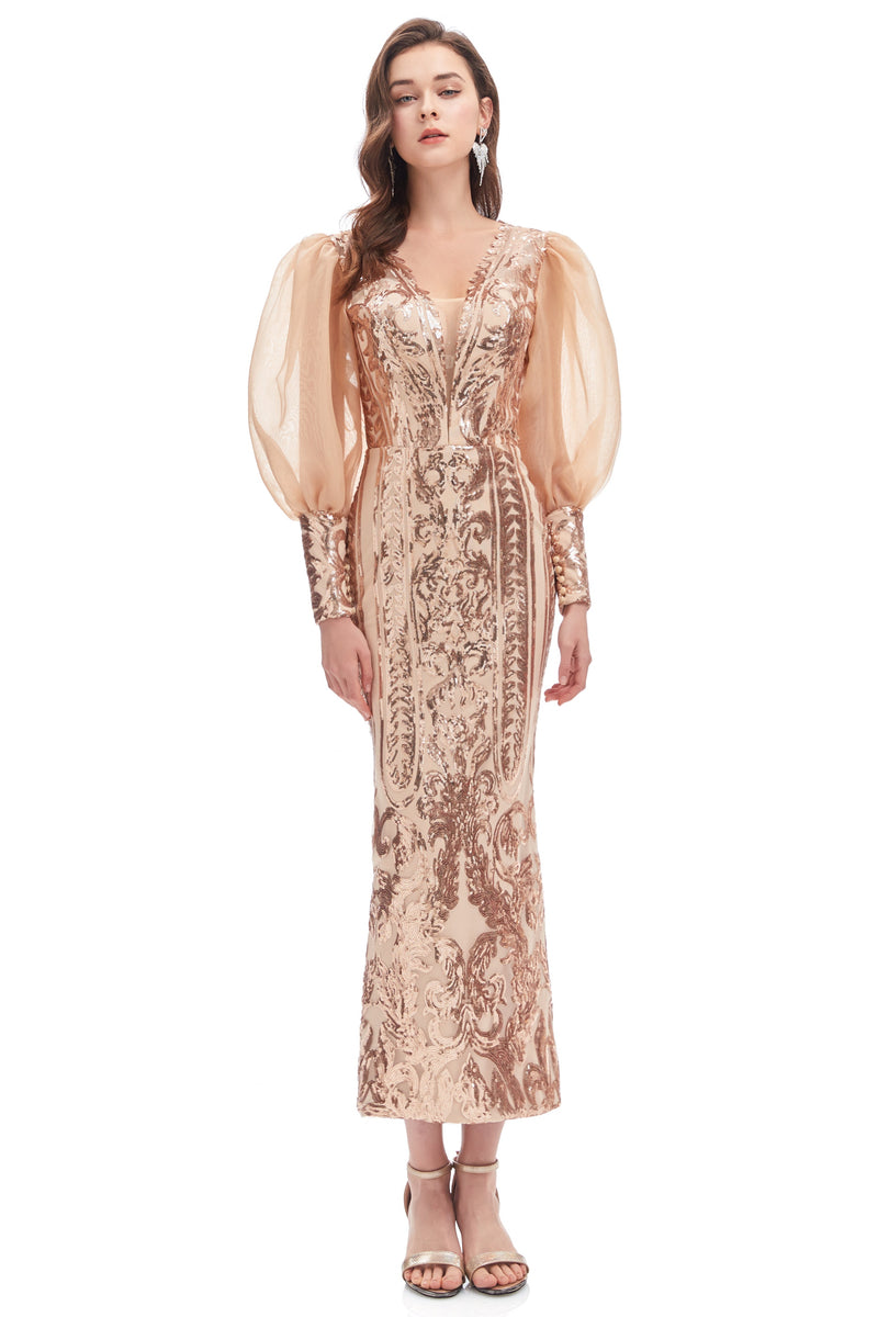 Mermaid V-neck Lace Sequined Floor-length Long Sleeve Bubble Sleeves Prom Dress-stylesnuggle