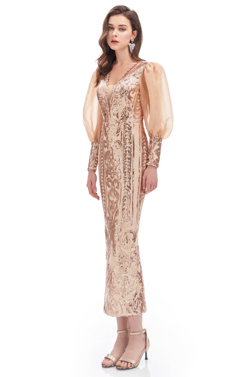 Mermaid V-neck Lace Sequined Floor-length Long Sleeve Bubble Sleeves Prom Dress-stylesnuggle