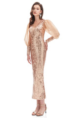 Mermaid V-neck Lace Sequined Floor-length Long Sleeve Bubble Sleeves Prom Dress-stylesnuggle