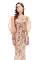 Mermaid V-neck Lace Sequined Floor-length Long Sleeve Bubble Sleeves Prom Dress-stylesnuggle