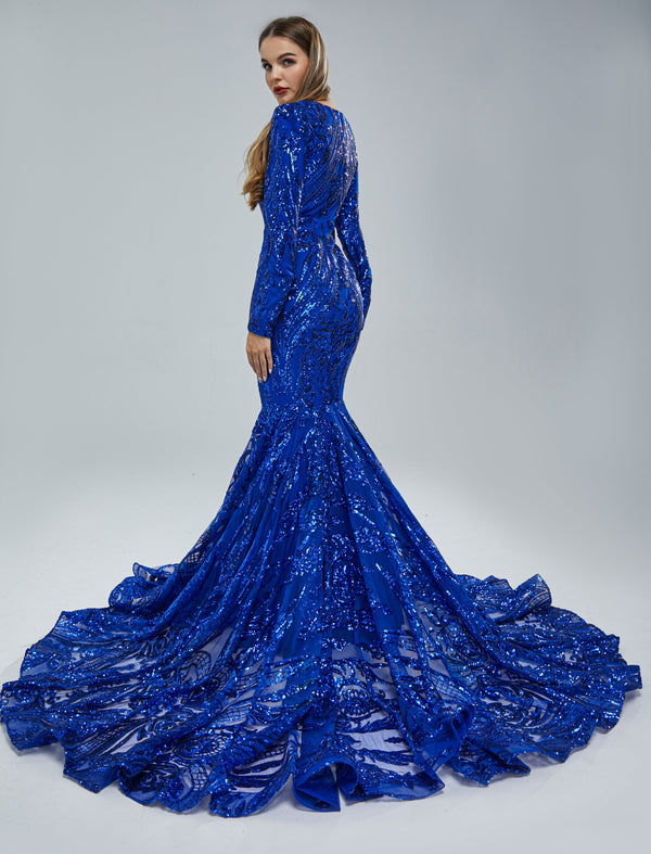 Mermaid V-neck Lace Sequined Floor-length Long Sleeve Elegant Prom Dress-stylesnuggle