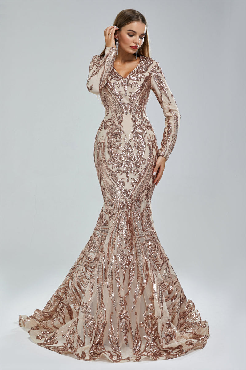 Mermaid V-neck Lace Sequined Floor-length Long Sleeve Elegant Prom Dress-stylesnuggle