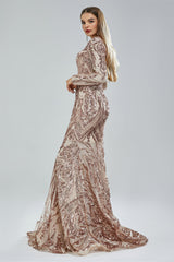 Mermaid V-neck Lace Sequined Floor-length Long Sleeve Elegant Prom Dress-stylesnuggle