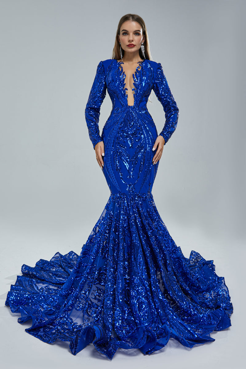 Mermaid V-neck Lace Sequined Floor-length Long Sleeve Elegant Prom Dress-stylesnuggle