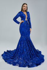 Mermaid V-neck Lace Sequined Floor-length Long Sleeve Elegant Prom Dress-stylesnuggle