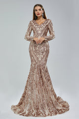 Mermaid V-neck Lace Sequined Floor-length Long Sleeve Elegant Prom Dress-stylesnuggle