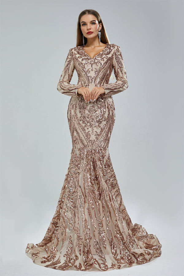 Mermaid V-neck Lace Sequined Floor-length Long Sleeve Elegant Prom Dress-stylesnuggle