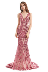 Mermaid V-neck Lace Sequined Floor-length Sleeveless Open Back Prom Dress-stylesnuggle