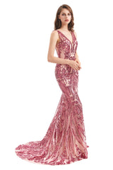 Mermaid V-neck Lace Sequined Floor-length Sleeveless Open Back Prom Dress-stylesnuggle