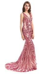 Mermaid V-neck Lace Sequined Floor-length Sleeveless Open Back Prom Dress-stylesnuggle