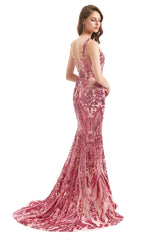 Mermaid V-neck Lace Sequined Floor-length Sleeveless Open Back Prom Dress-stylesnuggle