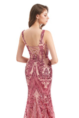 Mermaid V-neck Lace Sequined Floor-length Sleeveless Open Back Prom Dress-stylesnuggle