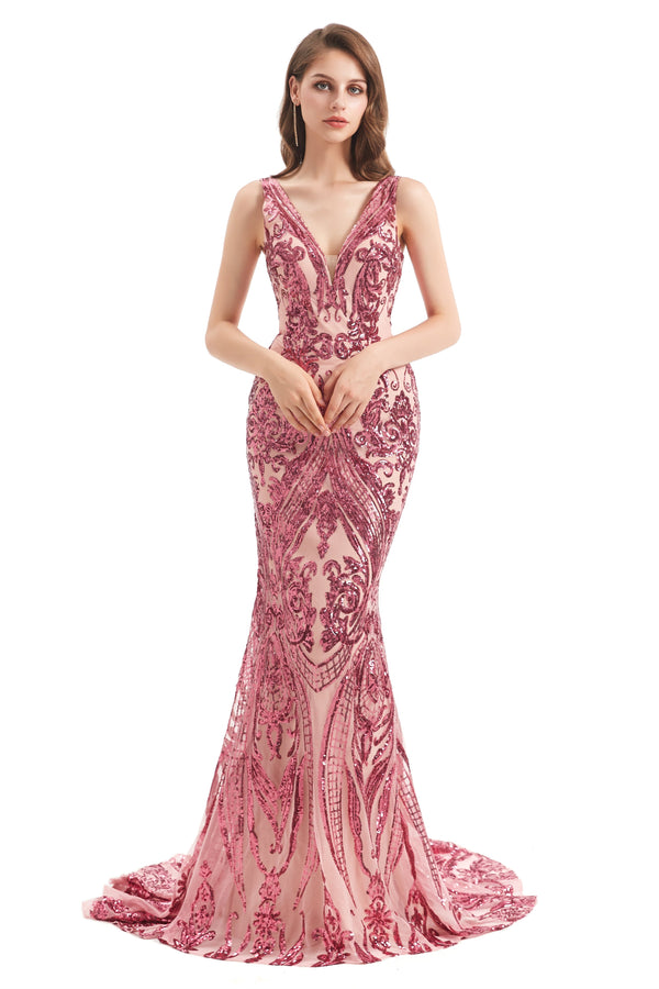 Mermaid V-neck Lace Sequined Floor-length Sleeveless Open Back Prom Dress-stylesnuggle