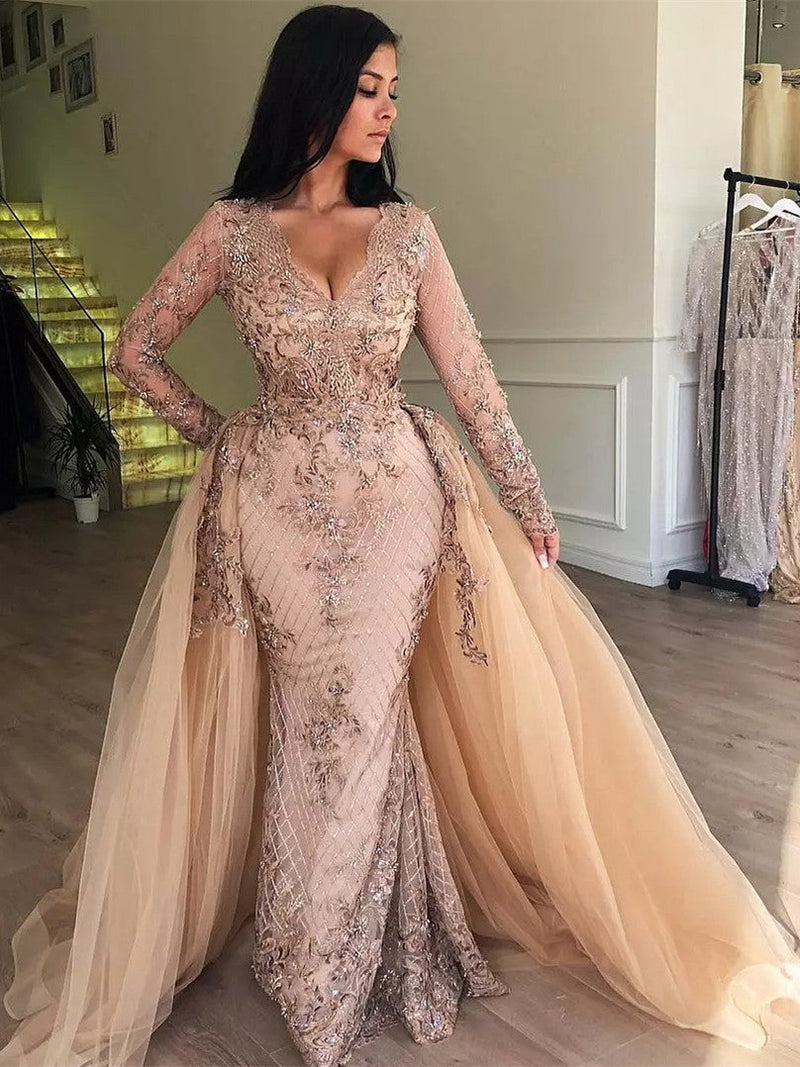 Mermaid V-neck Long Sleeve Floor Length Tulle Embriodery Prom Dress-stylesnuggle