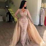 Mermaid V-neck Long Sleeve Floor Length Tulle Embriodery Prom Dress-stylesnuggle