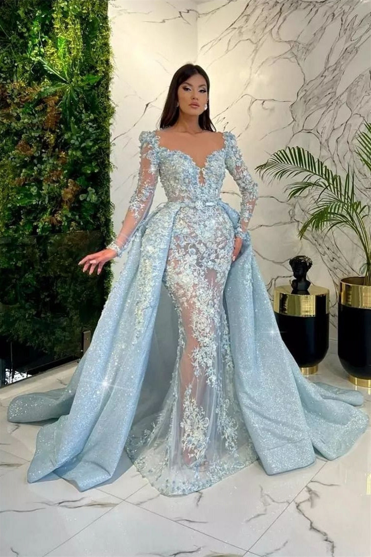 Mermaid V-neck Long Sleeve Lace Applique Floor-length detachable train Prom Dress-stylesnuggle