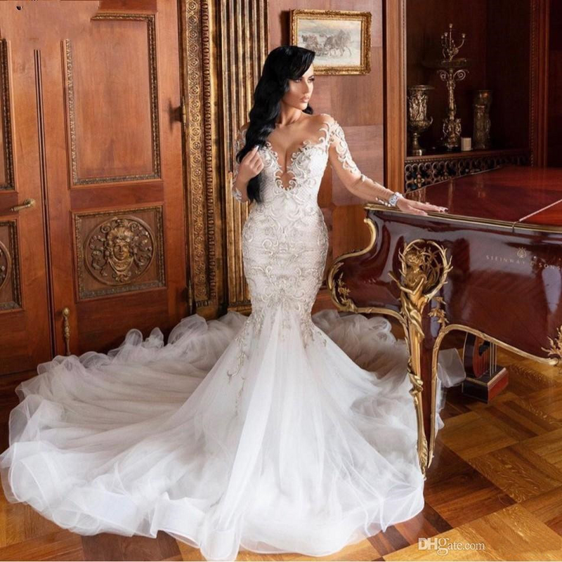 Mermaid V-neck Long Sleeves Floor Length Tulle Beading Applique Wedding Dress-stylesnuggle