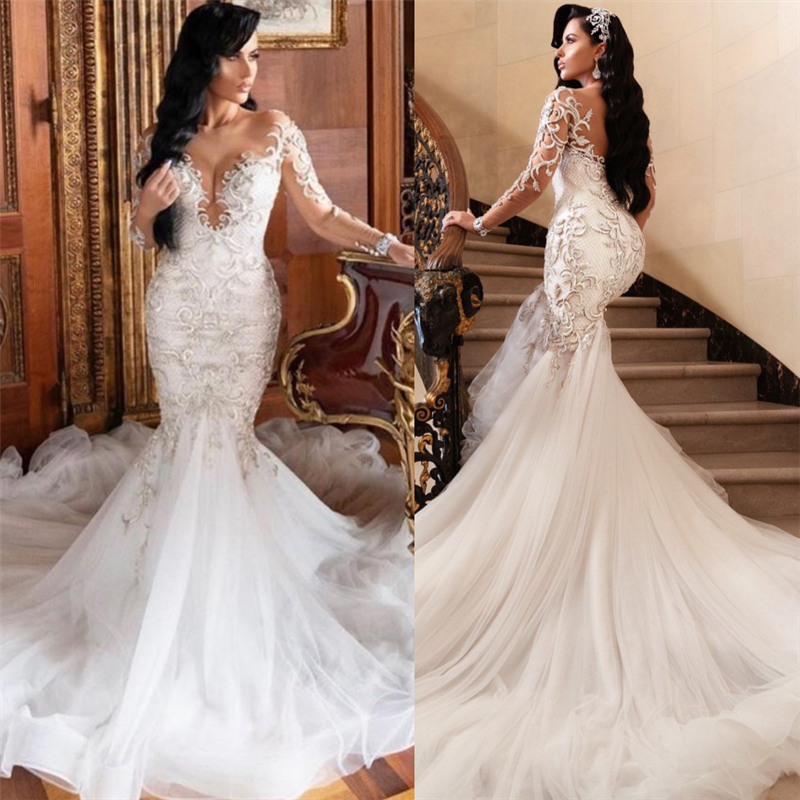 Mermaid V-neck Long Sleeves Floor Length Tulle Beading Applique Wedding Dress-stylesnuggle