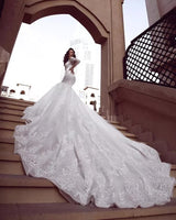 Mermaid V-neck Off-the-shoulder Long Train Organza Paillette Applique Wedding Dress-stylesnuggle