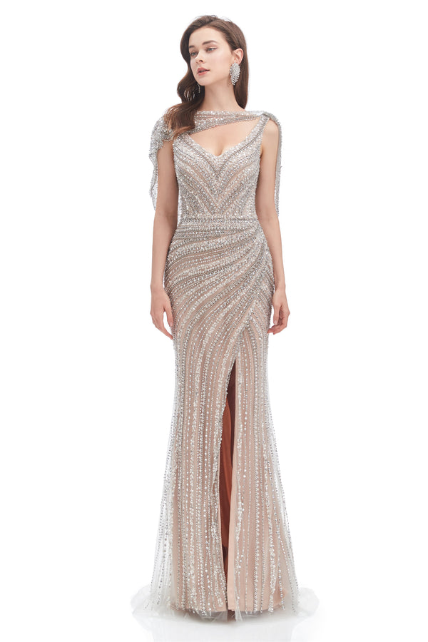 Mermaid V-neck Sequined Beading With Shawl High Split Floor-length Sleeveless Prom Dress-stylesnuggle