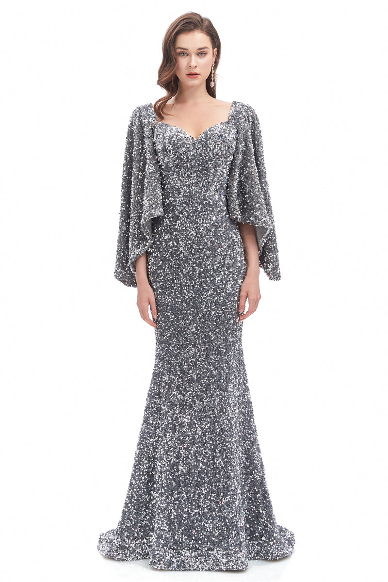 Mermaid V-neck Sequined Floor-length Long Sleeve Prom Dress-stylesnuggle