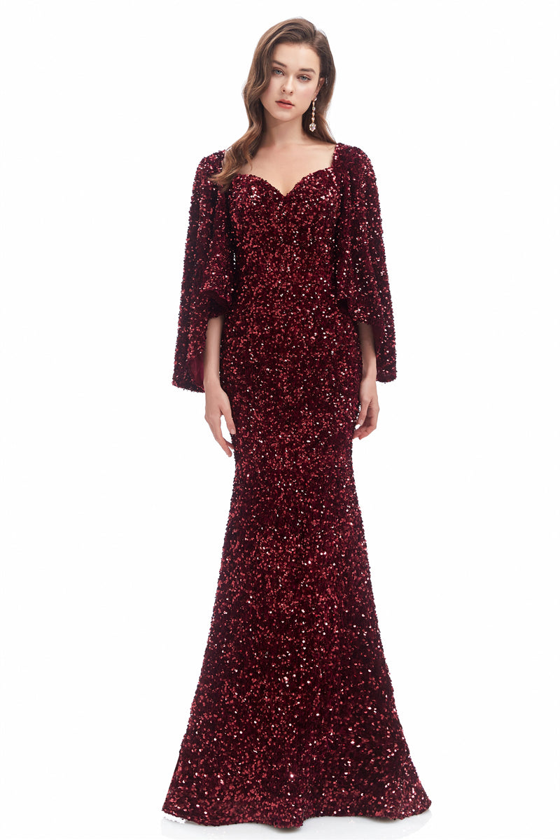 Mermaid V-neck Sequined Floor-length Long Sleeve Prom Dress-stylesnuggle