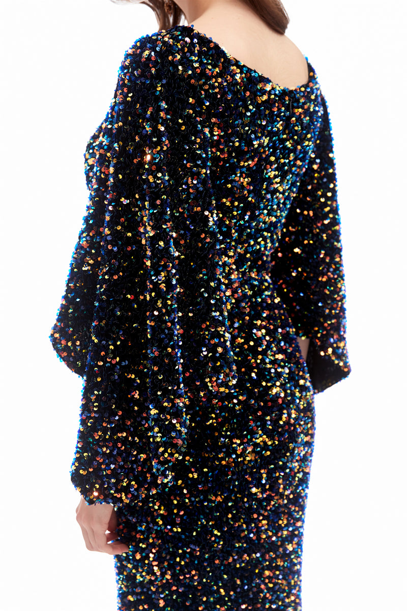 Mermaid V-neck Sequined Floor-length Long Sleeve Prom Dress-stylesnuggle