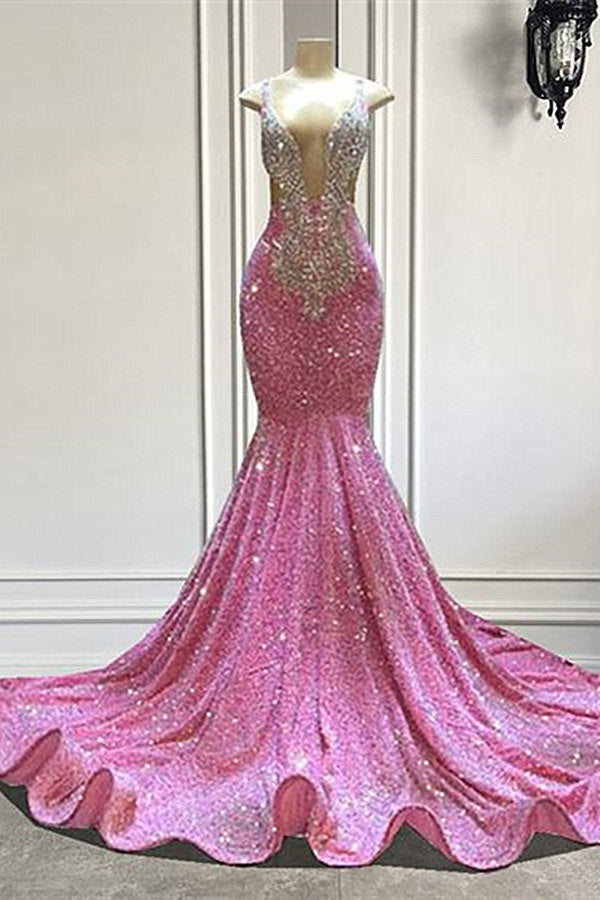 Mermaid V-neck Sequined Floor-length Sleeveless Prom Dress-stylesnuggle