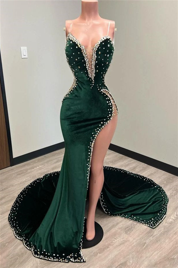 Mermaid V-neck Spaghetti strap Beaded High Split Floor-length Sleeveless Prom Dress-stylesnuggle