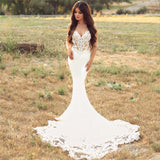 Mermaid V-neck Spaghetti Strap Chapel Chiffon Crochet Flower Wedding Dress-stylesnuggle