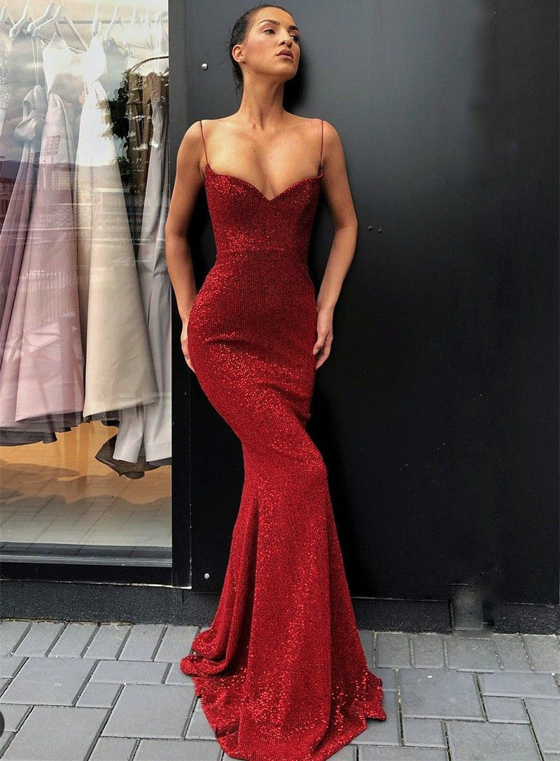 Mermaid V-neck Spaghetti Strap Floor Length Paillette Prom Dress-stylesnuggle