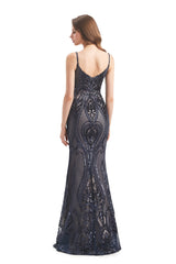 Mermaid V-neck Spaghetti strap Lace Sequined Floor-length Sleeveless Backless Prom Dress-stylesnuggle