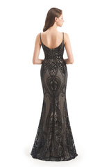 Mermaid V-neck Spaghetti strap Lace Sequined Floor-length Sleeveless Backless Prom Dress-stylesnuggle