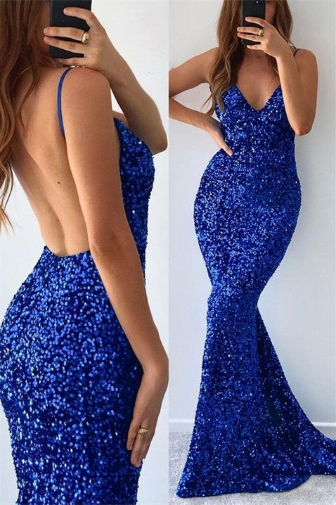 Mermaid V-neck Spaghetti Strap Sequined Floor-length Sleeveless Prom Dress-stylesnuggle