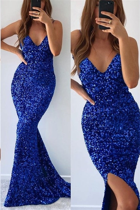 Mermaid V-neck Spaghetti Strap Sequined Floor-length Sleeveless Prom Dress-stylesnuggle