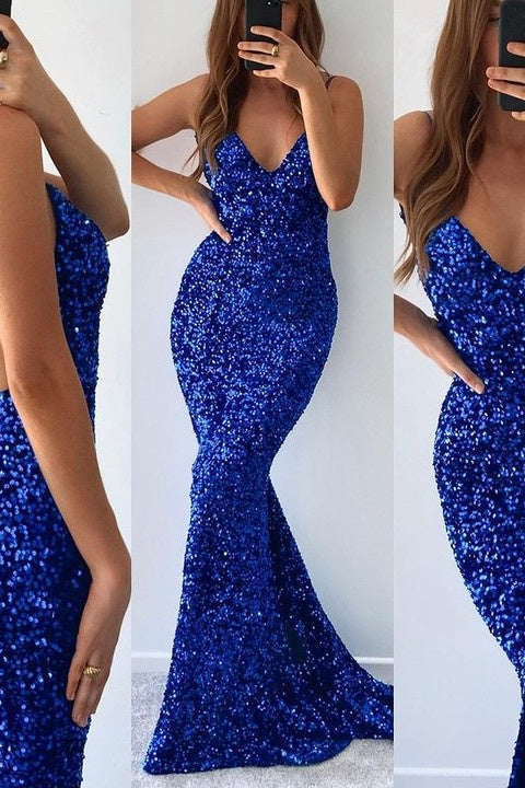 Mermaid V-neck Spaghetti Strap Sequined Floor-length Sleeveless Prom Dress-stylesnuggle