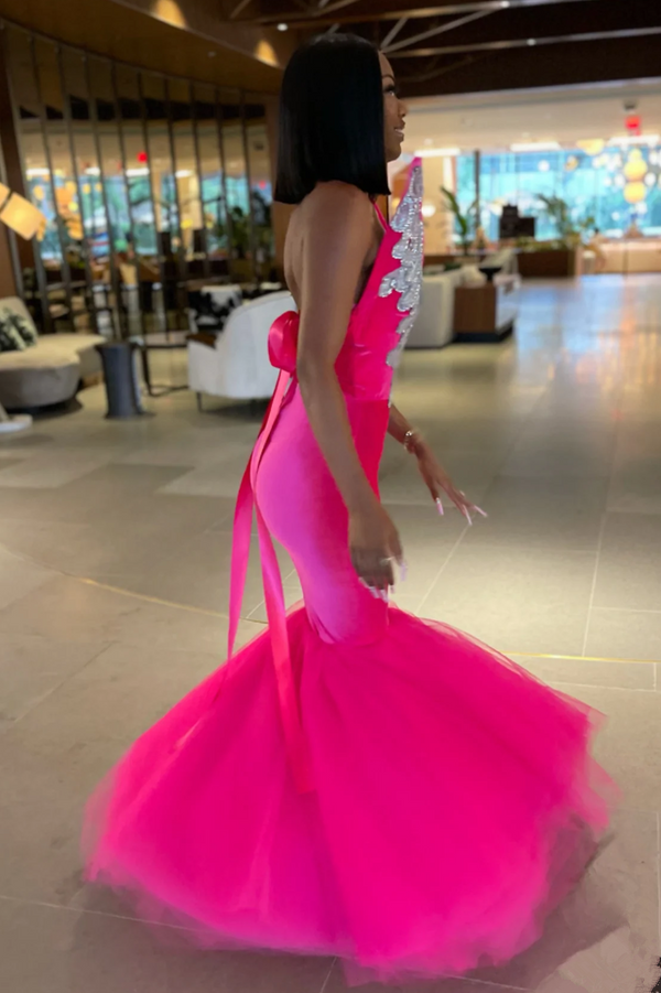 Mermaid V-Neck Staps Floor Length Sleeveless Backless Applique Ruffled Tulle Bowknot Prom Dress-stylesnuggle