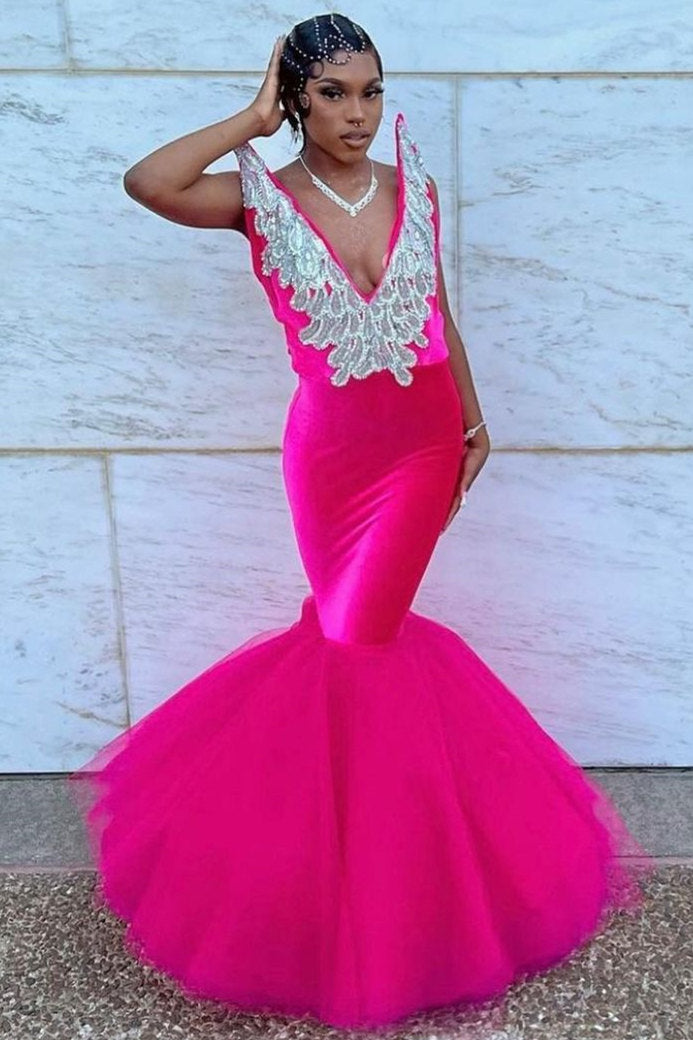 Mermaid V-Neck Staps Floor Length Sleeveless Backless Applique Ruffled Tulle Bowknot Prom Dress-stylesnuggle