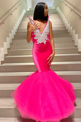 Mermaid V-Neck Staps Floor Length Sleeveless Backless Applique Ruffled Tulle Bowknot Prom Dress-stylesnuggle