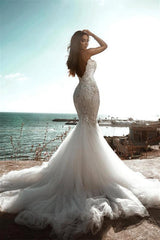 Mermaid V-neck Strapless Sequined Lace Applique Floor-length Sleeveless Open Back Wedding Dress-stylesnuggle