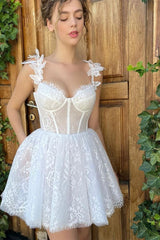 Mini A-line Spaghetti strap Sweetheart Sleeveless Lace Puffy Flowers Wedding Dress-stylesnuggle