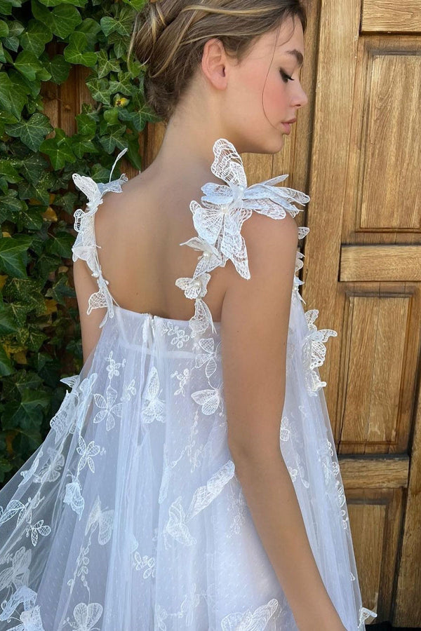 Mini Empire Spaghetti strap Sweetheart Sleeveless Lace Puffy Flowers Wedding Dress-stylesnuggle