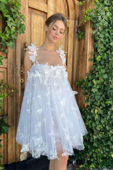 Mini Empire Spaghetti strap Sweetheart Sleeveless Lace Puffy Flowers Wedding Dress-stylesnuggle