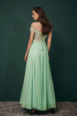 Mint Green Chiffon See-through Off-the-shoulder Lace Evening Dress-stylesnuggle