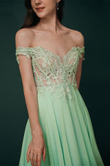 Mint Green Chiffon See-through Off-the-shoulder Lace Evening Dress-stylesnuggle