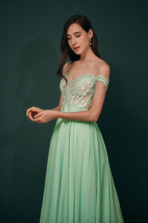 Mint Green Chiffon See-through Off-the-shoulder Lace Evening Dress-stylesnuggle